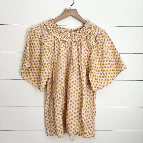 VOY Anthropologie cream and yellow polka dot top with ruffle collar - Picture 1 of 6